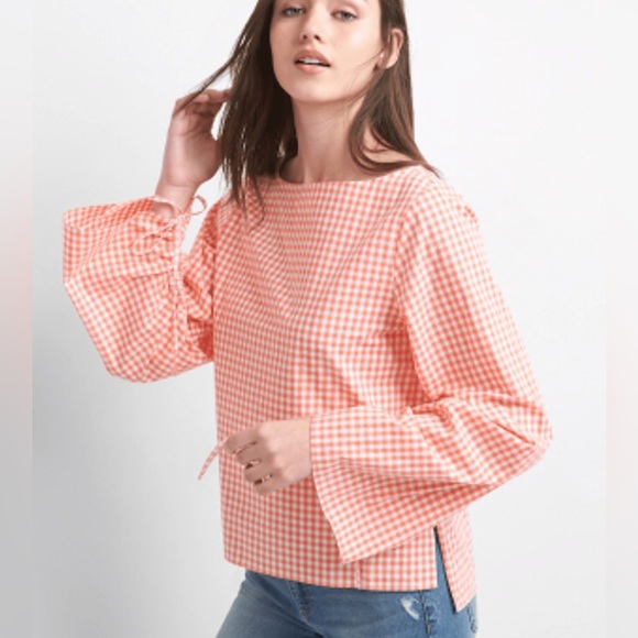 GAP | Gingham 100% Cotton Boatneck Blouse with Ruched/Drawstring Wide Sleeves - Picture 1 of 6